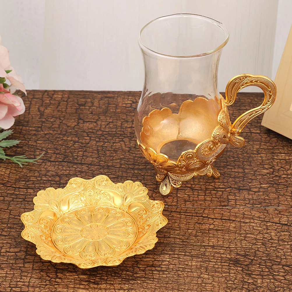 

1Set Zinc Alloy Glass Coffee Cup Saucer Set European Style Smooth Rim Comfortable Handle Suitable for Tea Coffee