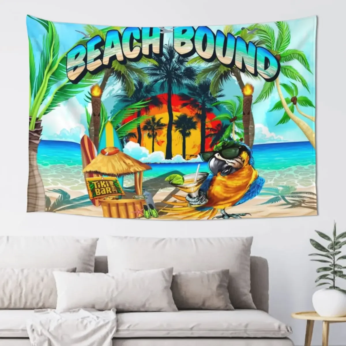 Beach Bound Fun Summer Time Tiki Hut Parrot Design Tapestry Wall Deco Cute Room Things Room Decor Aesthetic Tapestry