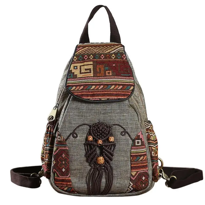 Handmade Backpack Women\'s Vintage Canvas Backpacks National Style Geometrical Printed Bag Female Simple Travel Backpack