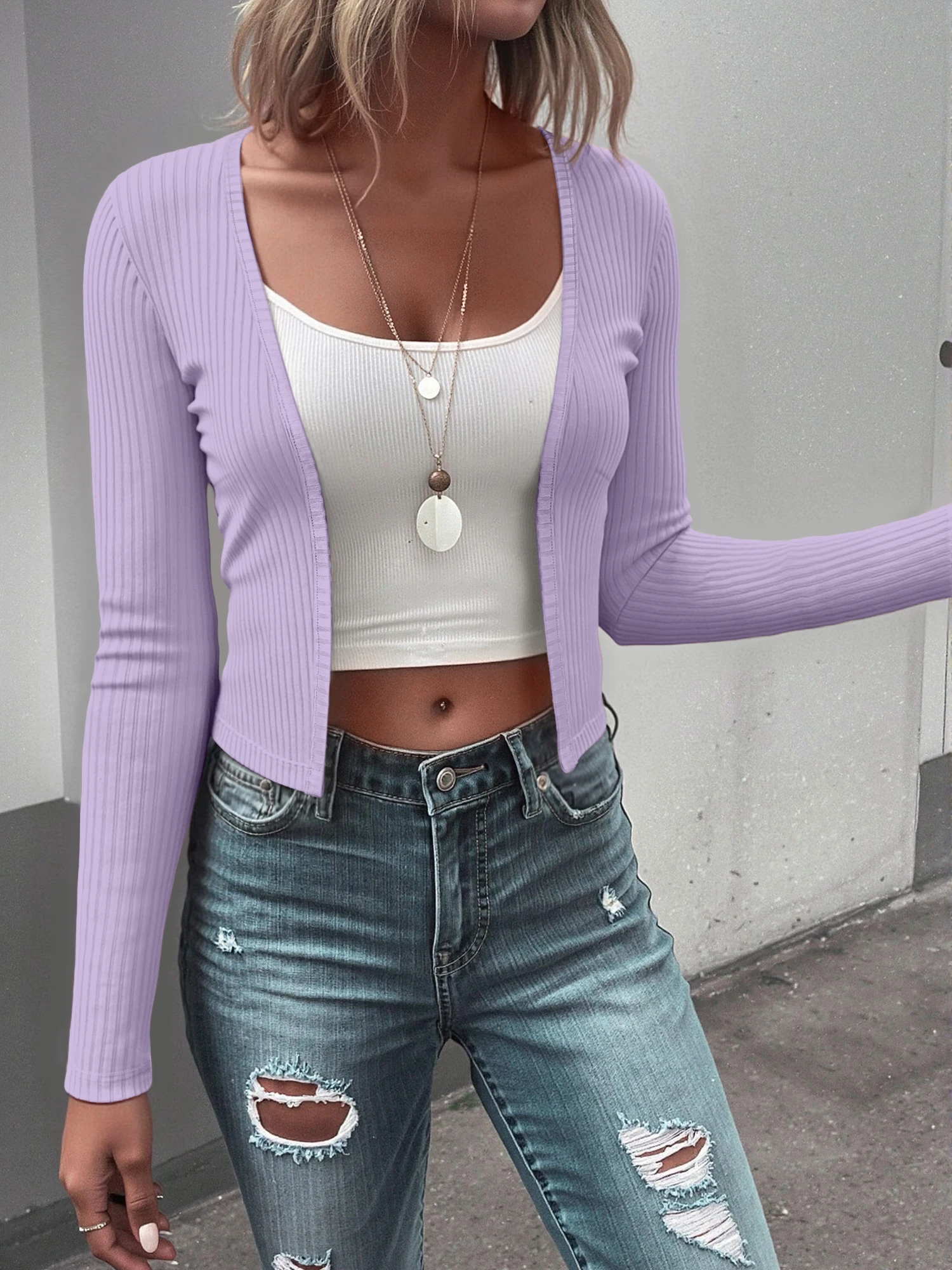 Women Stretch Ribbed Knit Long Sleeve Crop Shrug Solid V Neck Open Front Casual Lightweight Layering Cardigan