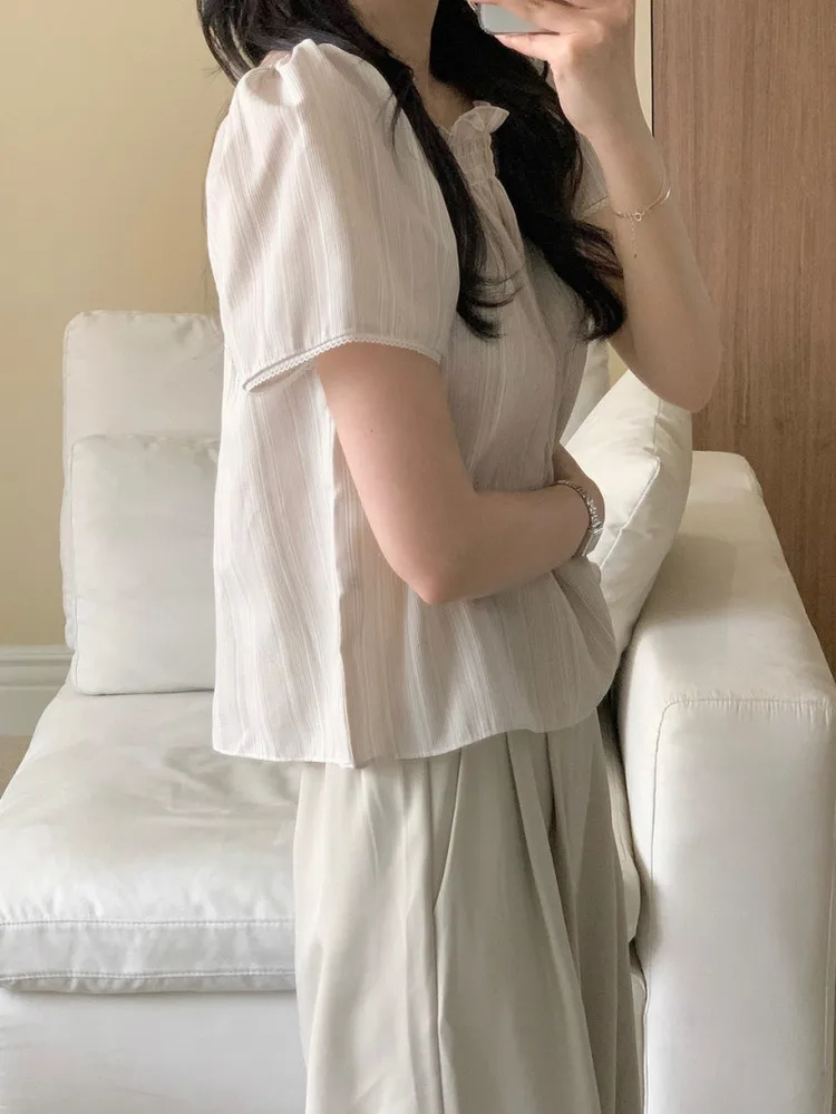 Loose Fit Lace Trim Bubble Sve irt Women's Collar Pleated Ear Look Top Trendy Sweet Youthful ort Sve Polyester