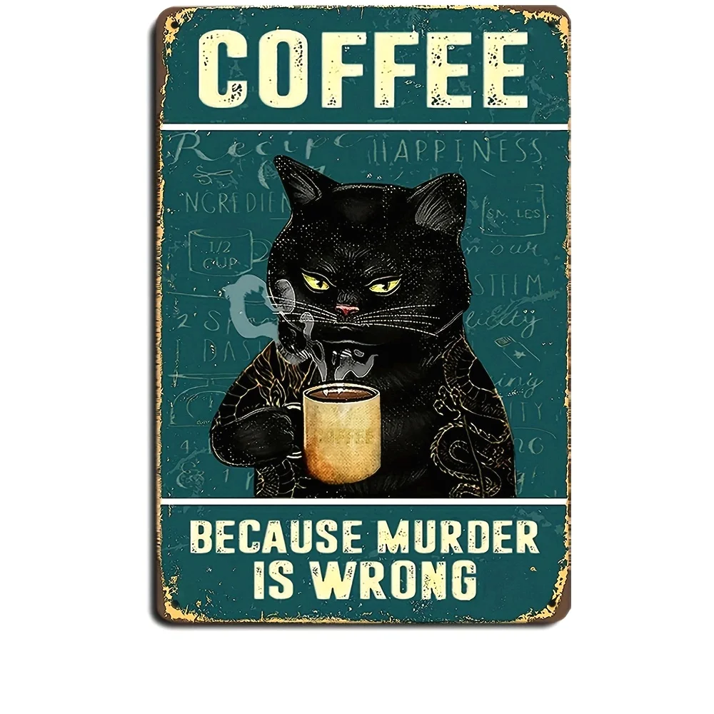 , Coffee Cat Metal Tin Sign - Vintage Plaque Decor for Home, Room, Restaurant, Bar, Cafe, Garage, Wall Water-proof and Dust-pr