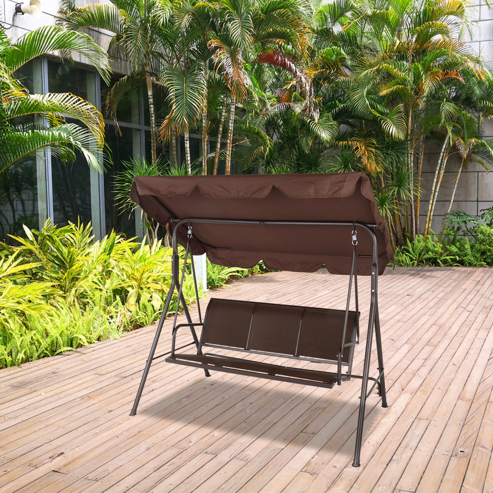 

Waterproof Patio Swing Chair 170*110*152cm With Canopy Teslin Cushion 250kg Load-Bearing Iron Swing Brown