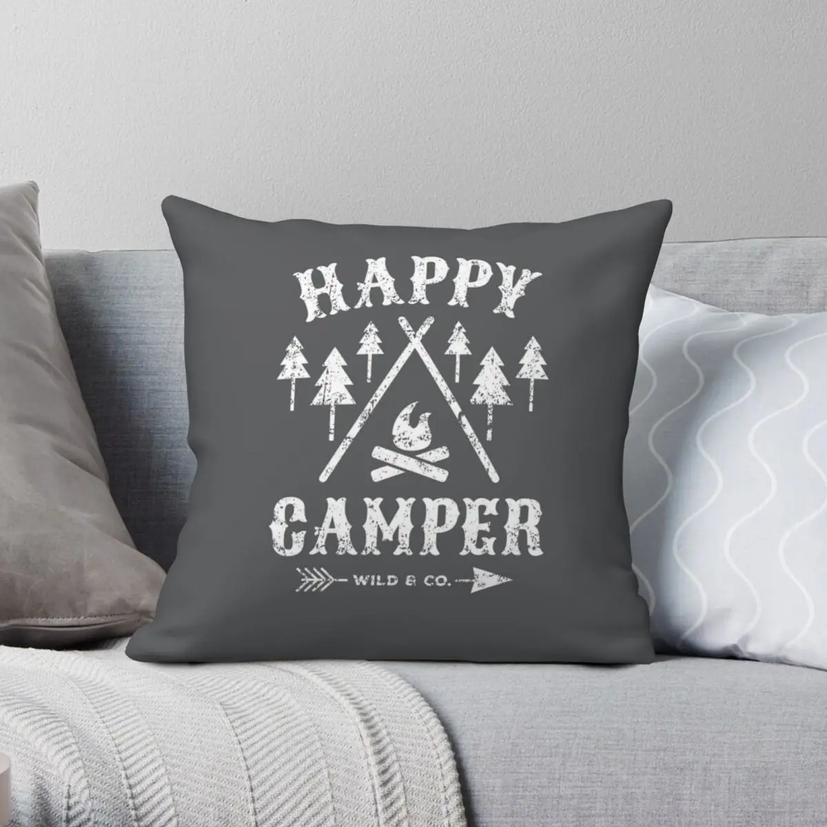 Happy Camper Wilderness Square Pillowcase Polyester Linen Velvet Printed Decorative Throw Pillow Case Car Cushion Cover 45x45