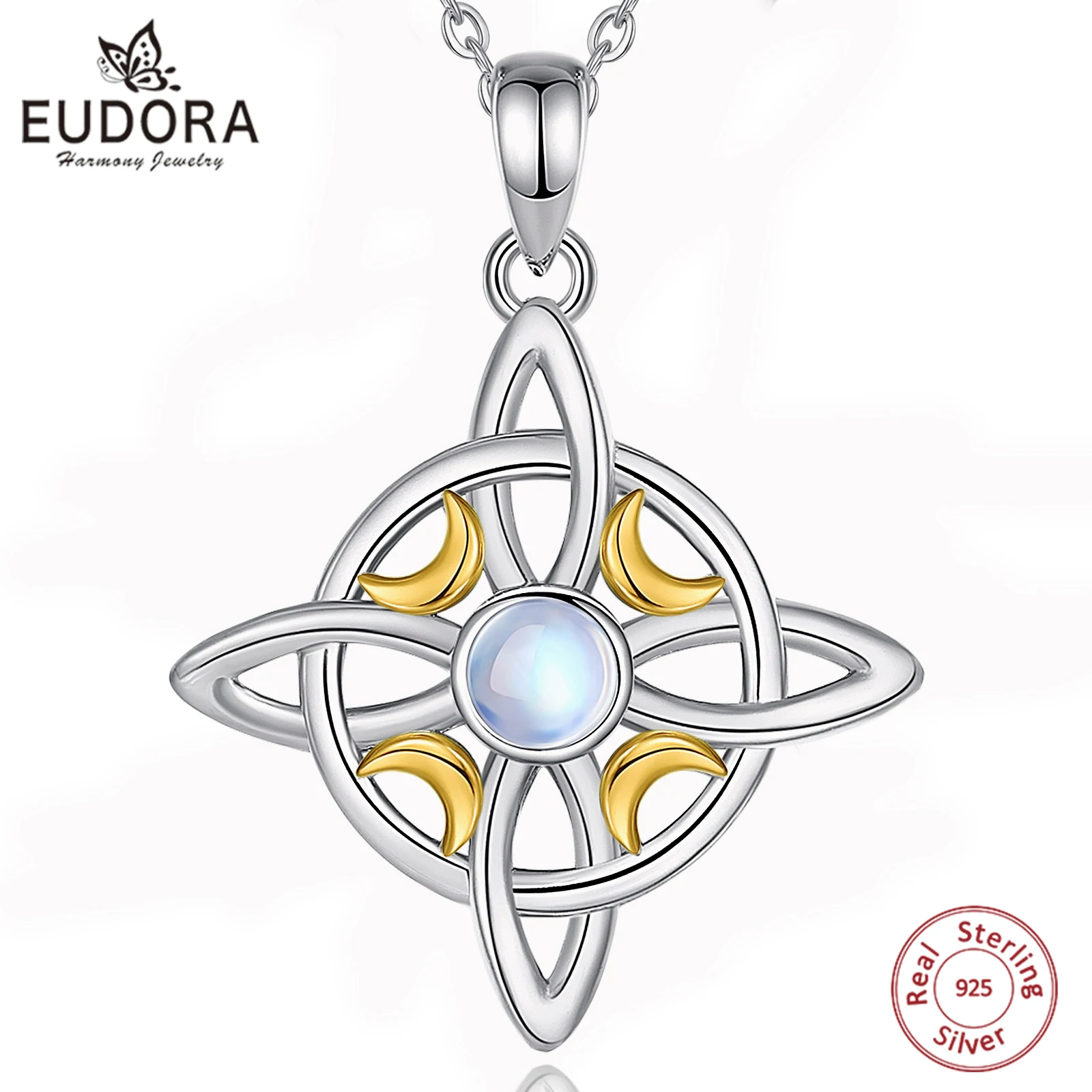 Eudora 925 Sterling Silver Witch Celtic Knot Necklace for Men Women Moonstone Witchcraft Amulet Pendant Wicca Jewelry Party Gift