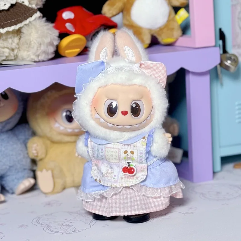

Одежда Labubu, подходит для 15-17 см, платье Labubu Cherry, комплект с повязкой для волос с котом, модный одинаковый мультяшный креативный дизайн, подарочные игрушки для девочек