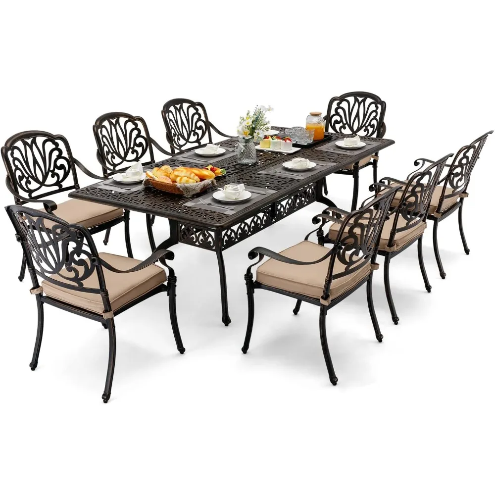 

Outdoor Dining Set,includes 86.6’’ Rectangular Table and 8 Chairs with Cushion and Umbrella Hole,Aluminum Retro Patio Dining Set