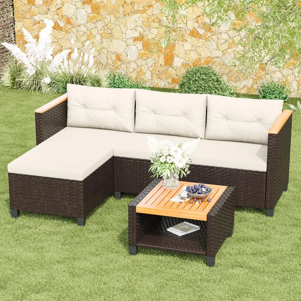 

3-piece outdoor terrace furniture set, all-weather PE rattan terrace sofa with storage platform, L-shaped outdoor sofa