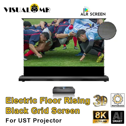 핫 전기 플로어 상승 블랙 그리드 ALR UST 프로젝션 스크린, 150 인치 탭 장력, 짧은 프로젝터용 주변광 차단 핫 전기 플로어 상승 블랙 그리드 ALR UST 프로젝션 스크린, 150 인치 탭 장력, 짧은 프로젝터용 주변광 차단