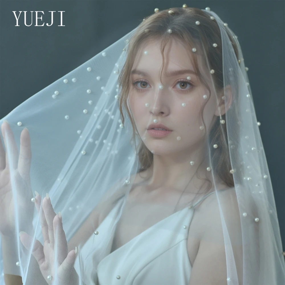 YUEJI Double Blush Bridal Veil With Pearls Cathedral Velo De Novia Largo Velos Cristianos De Iglesia YJ08