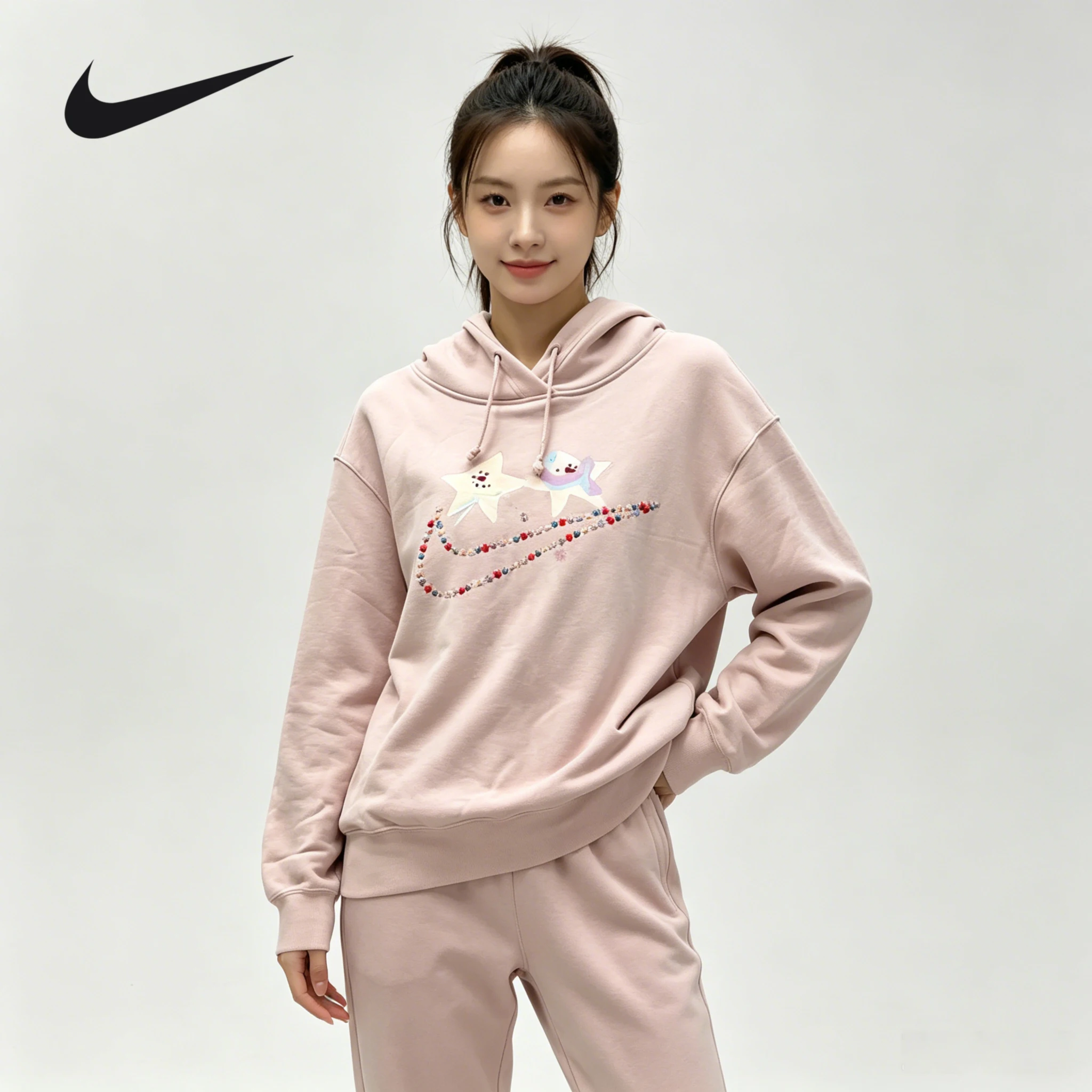 Suéter con capucha con estampado de dibujos animados para mujer de Nike, suéter informal holgado y bonito, IO7919-667