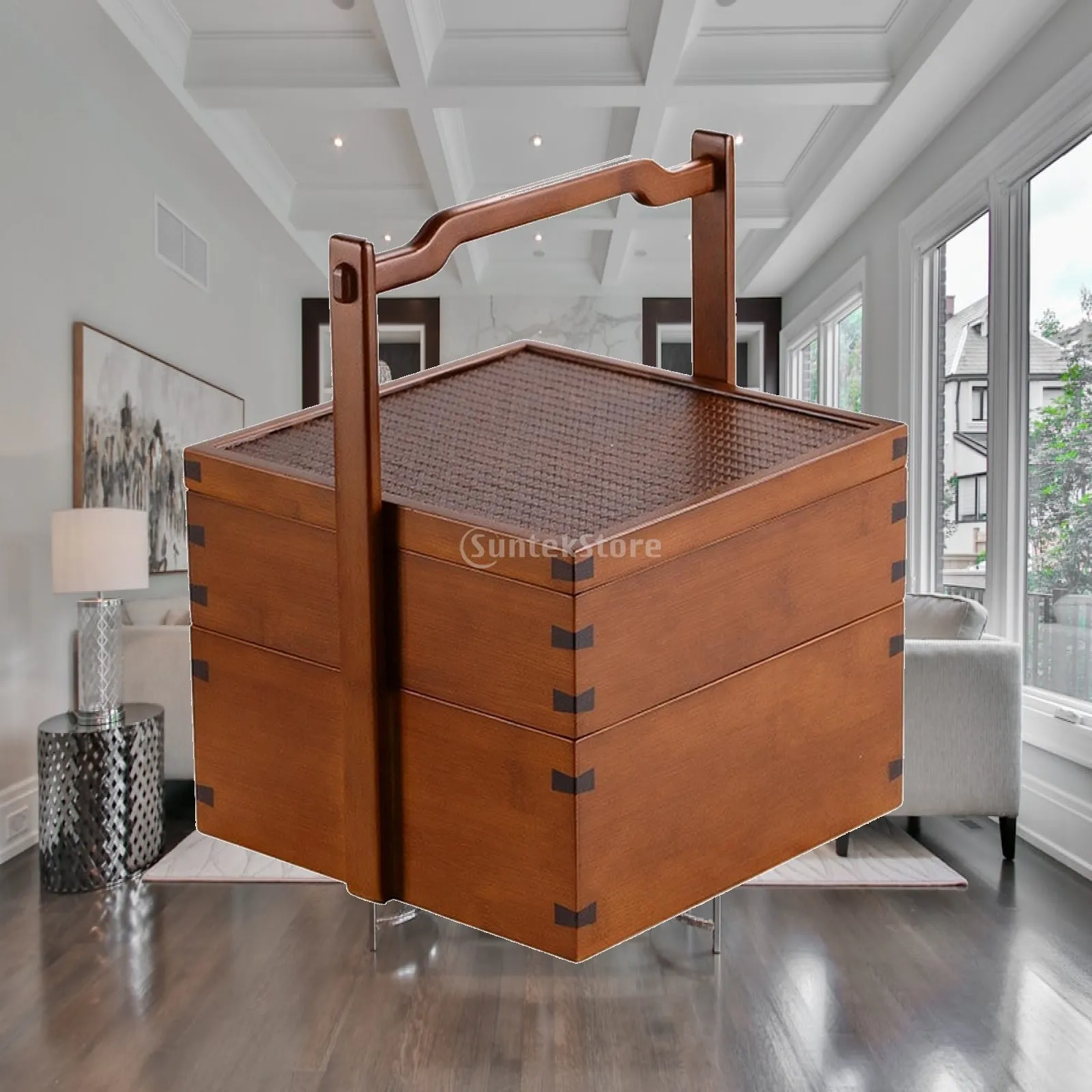 Warm Brown Bamboo Box with Handle Two Tier Food Carrier Traditional Chinese Style for Family Gatherings