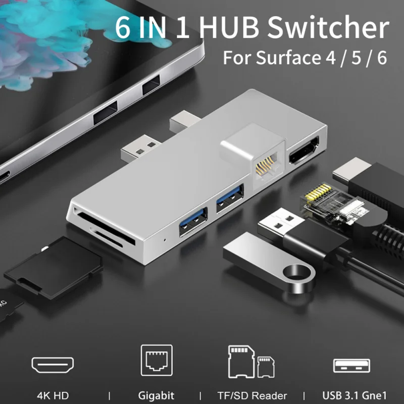

6 in 1 4K Compatible USB Hub Hard Drive Docking Station USB 3.1 Gen 1 Docking Station Hard Disk Adapter for Surface Pro 6 7 8 X