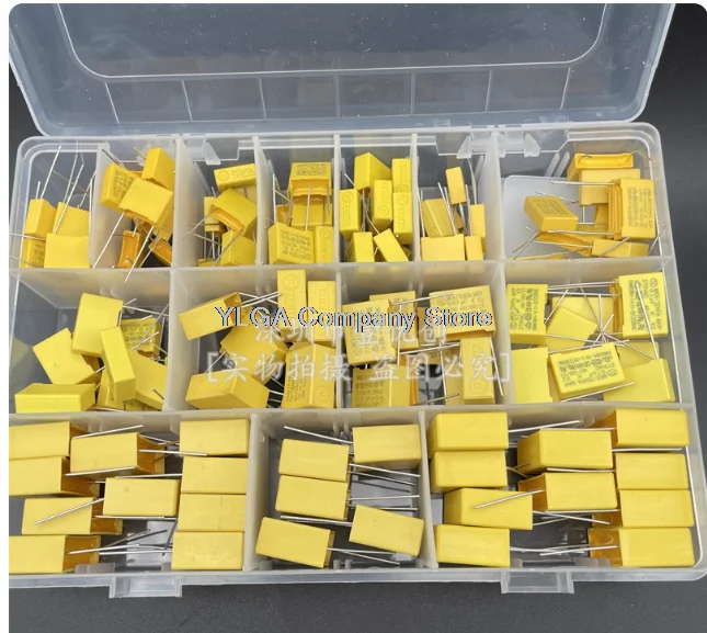 135 sets of 14 specifications of 275V 102-105 1nF-1uF X2 safety capacitors, packaged in a box with yellow direct insertion