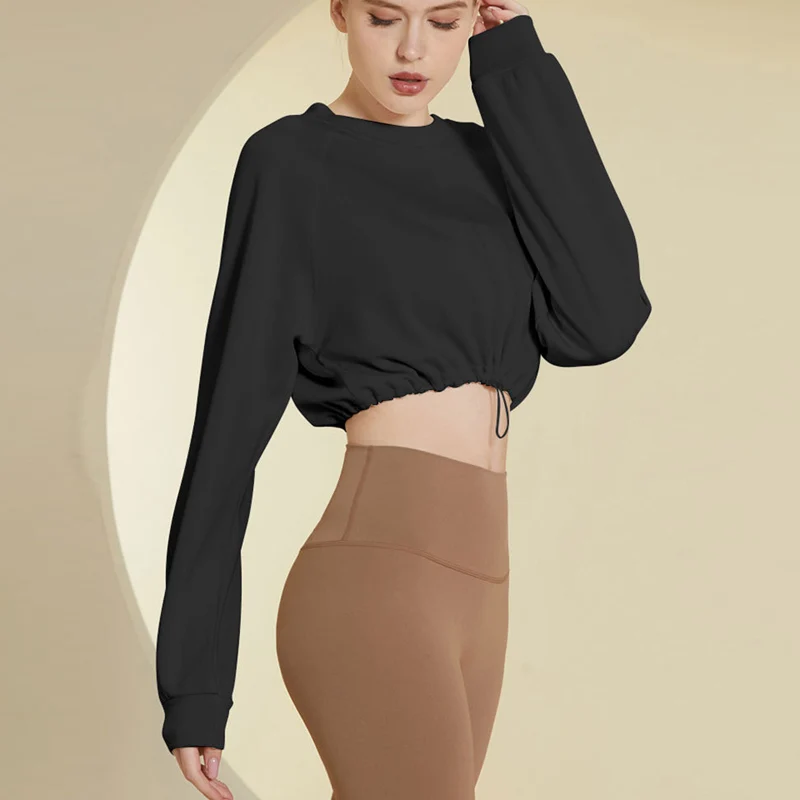 

Yoga Short Running Sweater Pullover Women's Loose Slim Drawstring Sexy Open Belly Fitness Long Sleeve Top Shirts Clothing