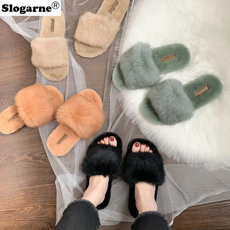 Faux Fur Slides Women\'s 2024 New Winter Slippers Home Cotton Shoes Korean Students Flats Plush Girls Fur Slippers Furry Slippers