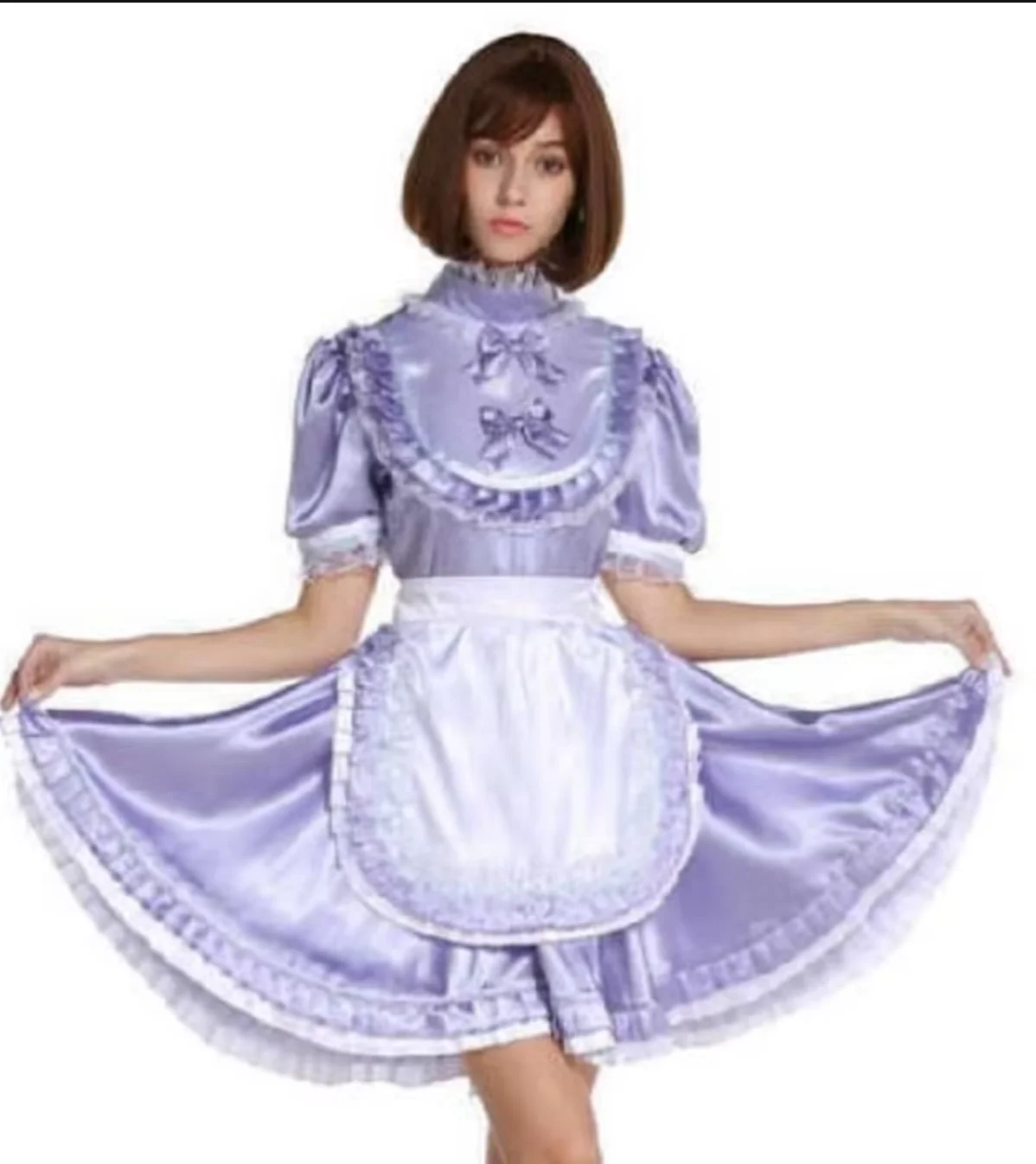 

Sissy Maiden Maid Satin Lockable Purple Bib Bow Dress Role Playing Dress Adult Baby Crossdresser Party Daily Unisex Dress Custom