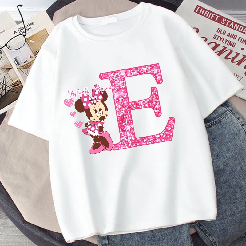 Disney Minnie Mouse Kids Cotton T-shirt Anime Cartoon Letter Printed Pullover Boys Girls Summer Loose Tops Casual Clothes Gifts