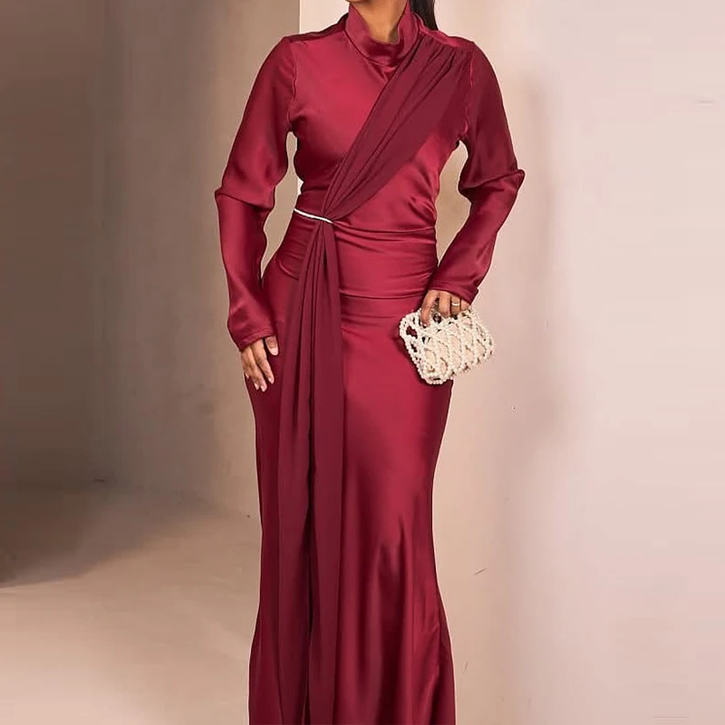 

Sexy High Waisted Solid Color Vestidos Robe Luxury Long Sleeve O Neck Draped Evening Dress Temperament Slim Patchwork Long Dress