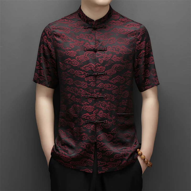 Lucky Cloud Print Silk Blends Shirts For Men Short Sleeved Casual Summer Quality Silky Frog Tang Costume Easy Care Chemise Homme