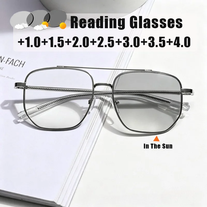 2026 Men’s and Women’s New Photochromic Reading Glasses Metal Double-Bridge Square Large-Frame Turn Grey Presbyopia Glasses