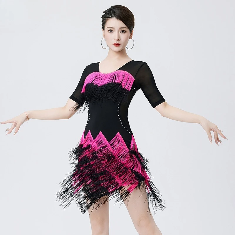 جديد اللاتينية ملابس رقص الساخن الماس الرقص المنافسة أداء زي التغيير التدريجي مهدب فستان المرأة #4