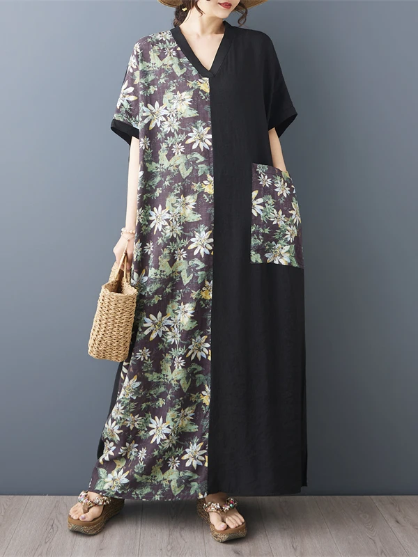 

plus Size Long Cotton Linen V-Neck Short Sleeve Color Block Slimming Dress City Walk Artistic Style Loose Fit Summer Dress