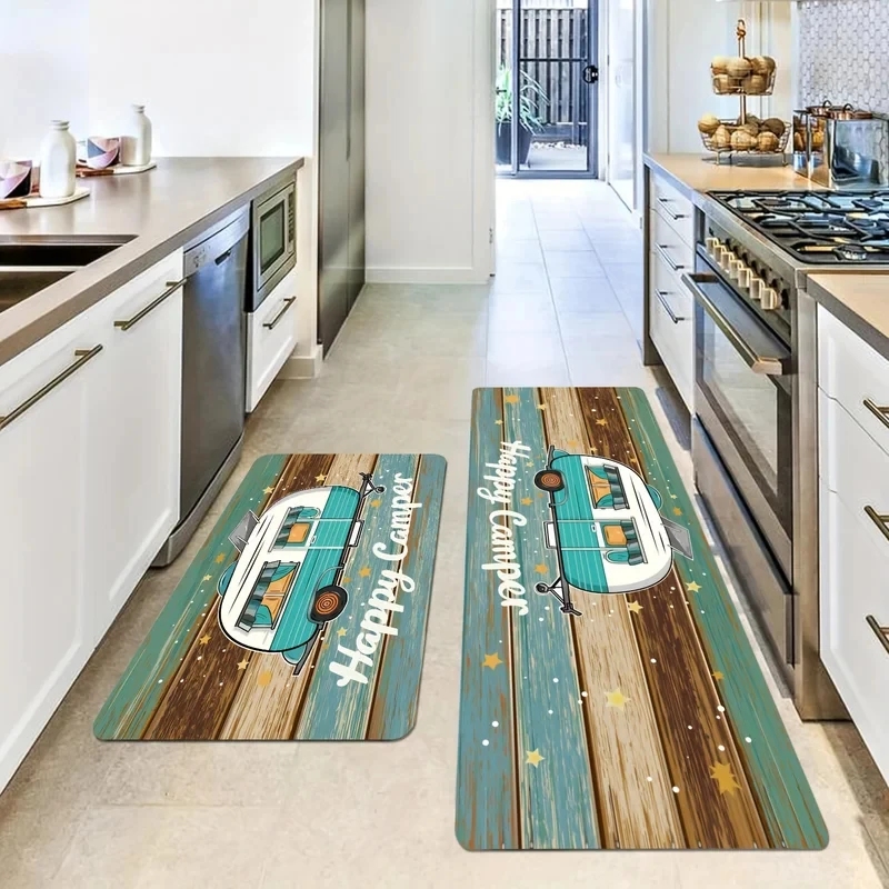 VIKAMA Happy Camper Kitchen Mat Set Retro Wooden RV Trailer Star Print Non Slip Waterproof Anti Fatigue Floor Rug