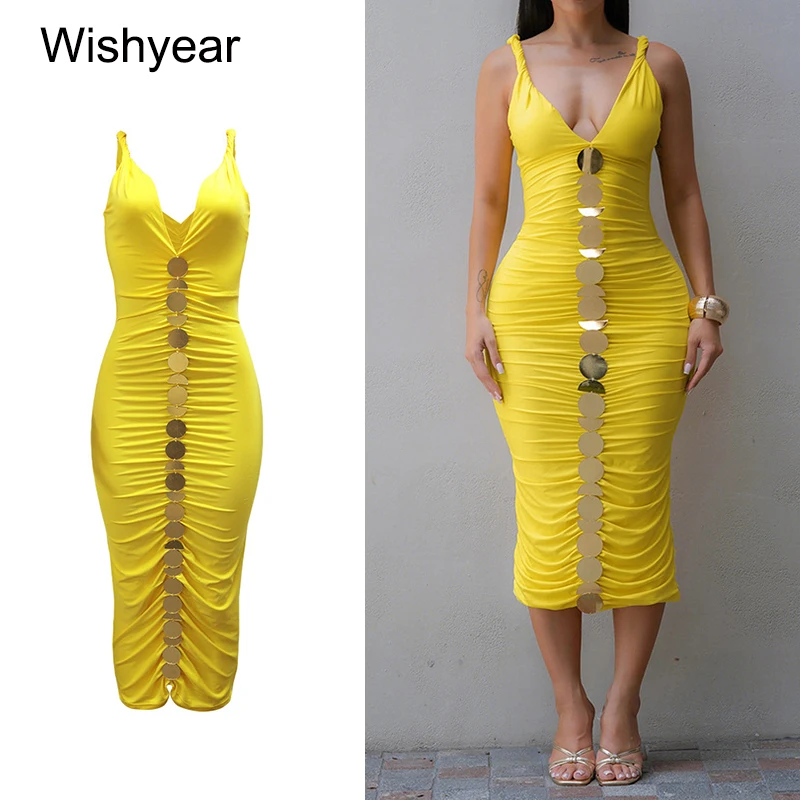Neue Geburtstagsparty Lange Kleider für Damen Ärmellos V-Ausschnitt Gerafftes Pailletten-Bodycon-Midikleid Sommer Urlaub Club Robe