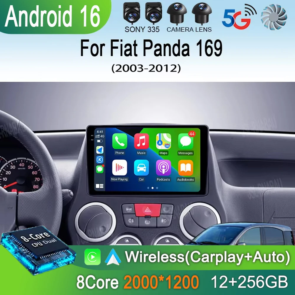 Android 16 Car Radio For Fiat Panda 169 2003 2004 2005- 2012 Carplay Auto GPS Navigation 360 Camera Stereo 2 Din Video Player BT