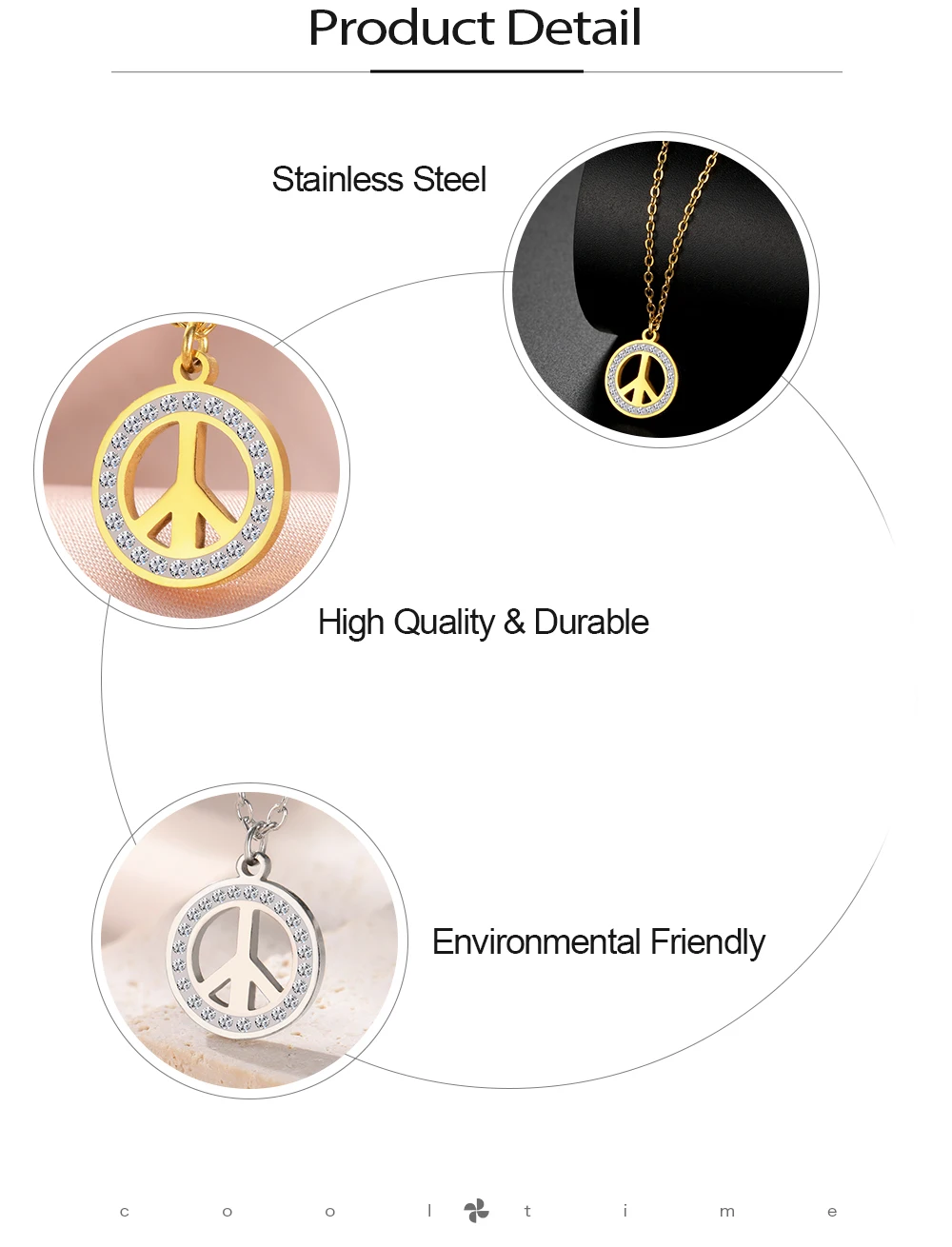 COOLTIME Edelstahl Frieden Symbol Halskette für Frauen Mode Runde Zirkon Kette Anhänger Amulett Schmuck Geschenk Großhandel – Detail 7