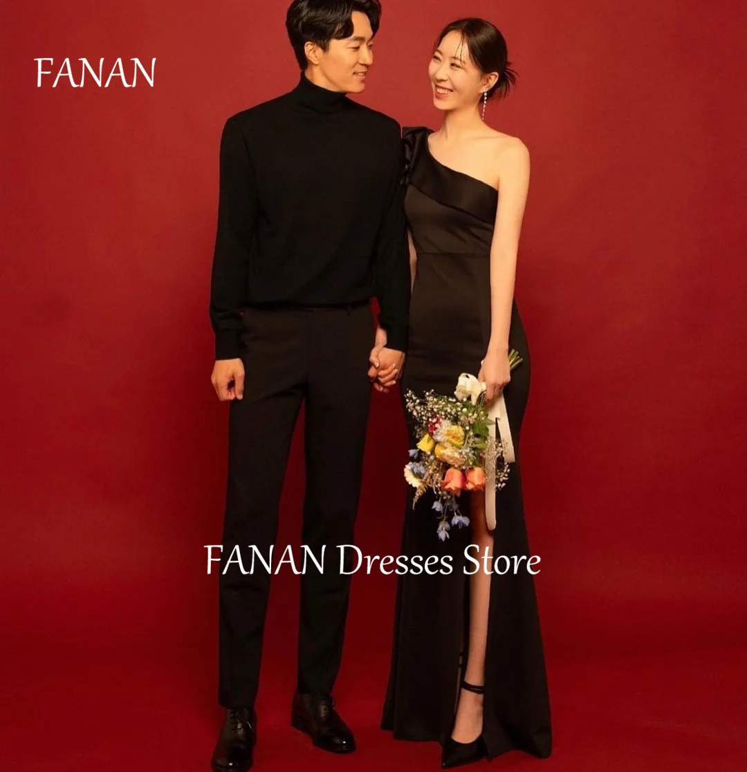 FANAN Satin One-Shoulder Side Slit Evening Party Dresses Korea Black Mermaid Simple Wedding Women Formal Gowns Event Prom Gowns