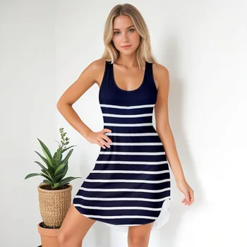 여성용 탱크탑 스트랩 U 넥 블루 스트라이프 패턴 짧은 원피스 스플릿, 섹시한 허리, 우아한 캐주얼 미니 스커트, 여름 패션, 신상 