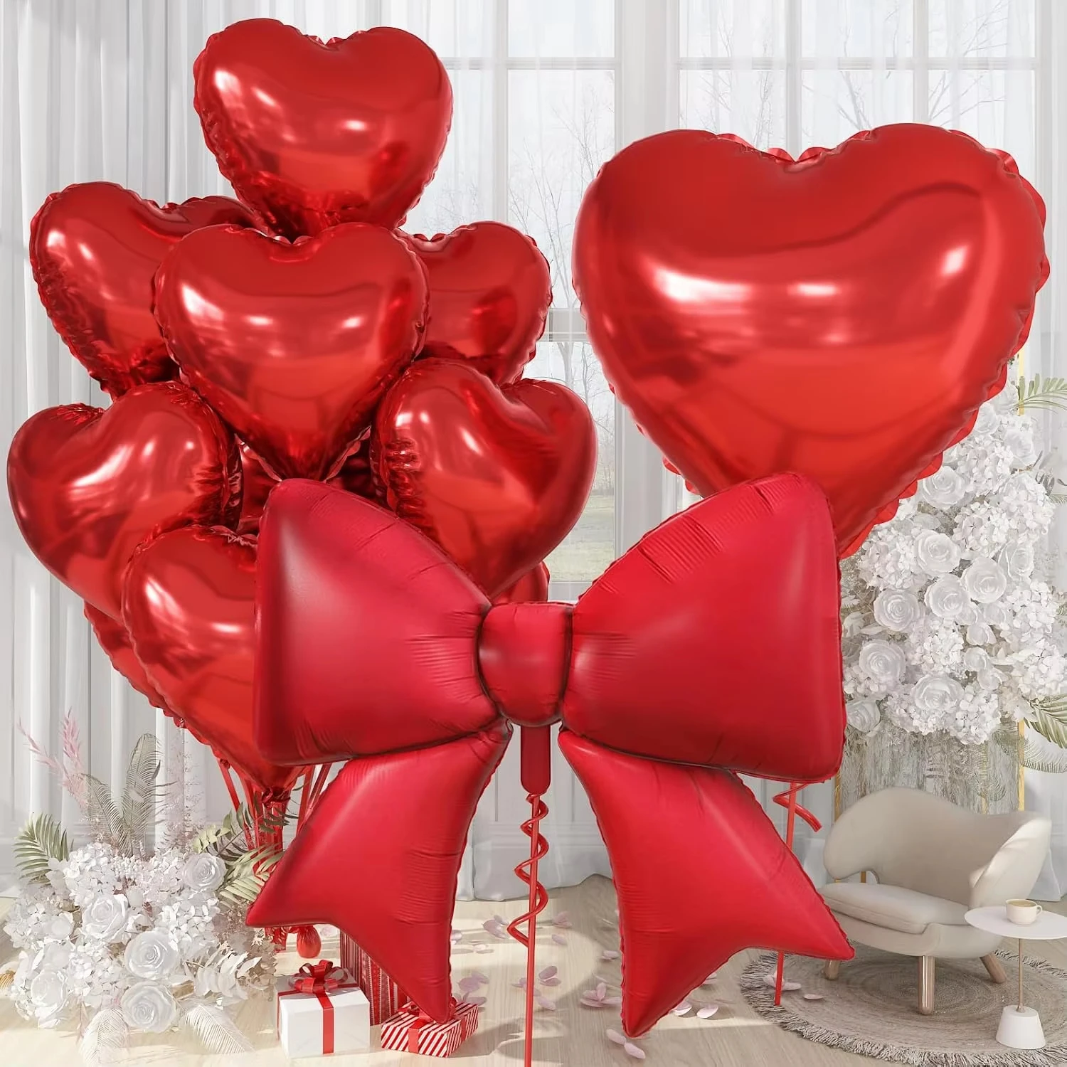Rote Schleife und 18-Zoll Rote Herzen sowie 32-Zoll Großer Herz-Aluminiumfolienballon-Set, mit Strohhalmen und Bändern, Geeignet für Hochzeiten, Geburtstage, Valentinstag und Verschiedene