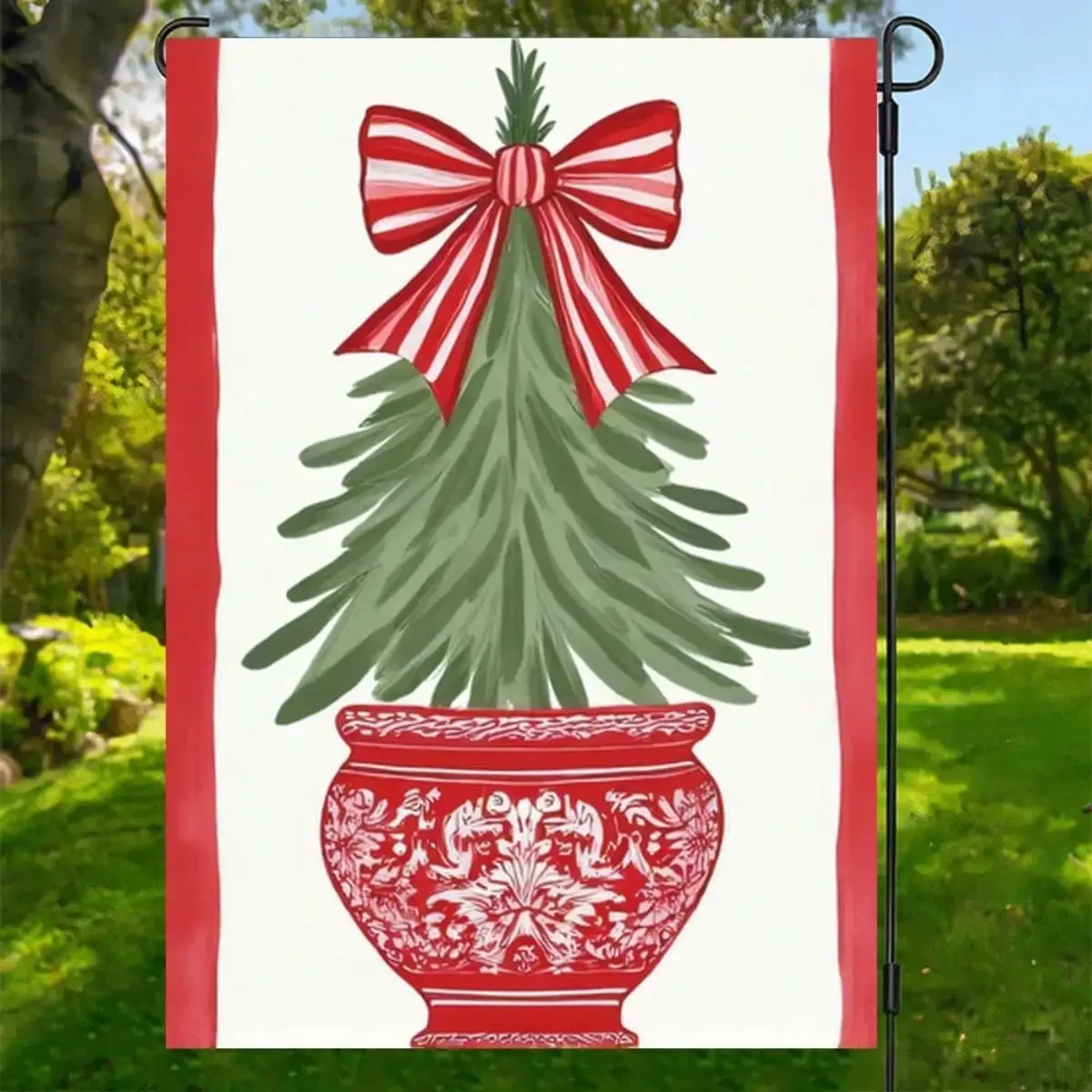 Preppy Chinoiserie Garden Flag Blue And White Porcelain Christmas Tree Winter Happy Holidays Xmas Merry Christmas Welcome Home House Outside Outdoor Indoor Small Banner Double Sided 12x18inch