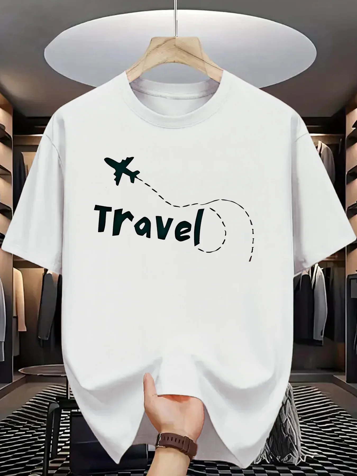 Minimal Graphic T Shirt For Men Travel Text Airplane Flight Path Crew Neck Tee Holiday Simple Print Casual Daily Outfit Tops