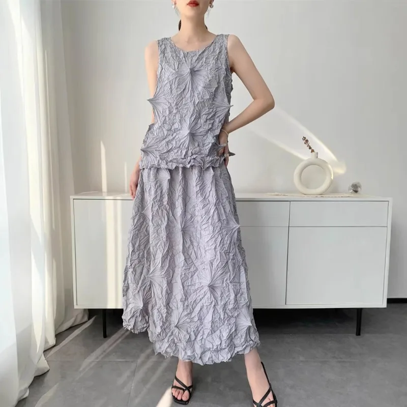 

Женский комплект Miyake Sea Urchin: футболка с плиссированным дизайном, топ ручной работы, эластичная юбка, легкий повседневный комплект, новинка лета 2026