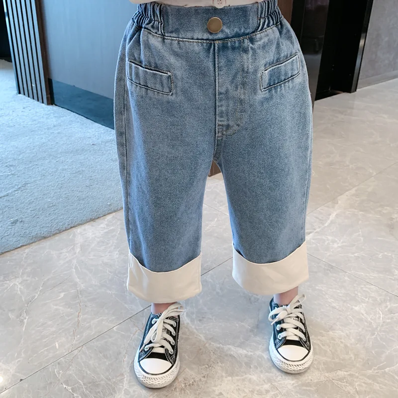 Hnq-Girls' Casual Jeans Autumn Children's Loose Trousers Crawler3-8Children's Clothing One Piece Dropshipping