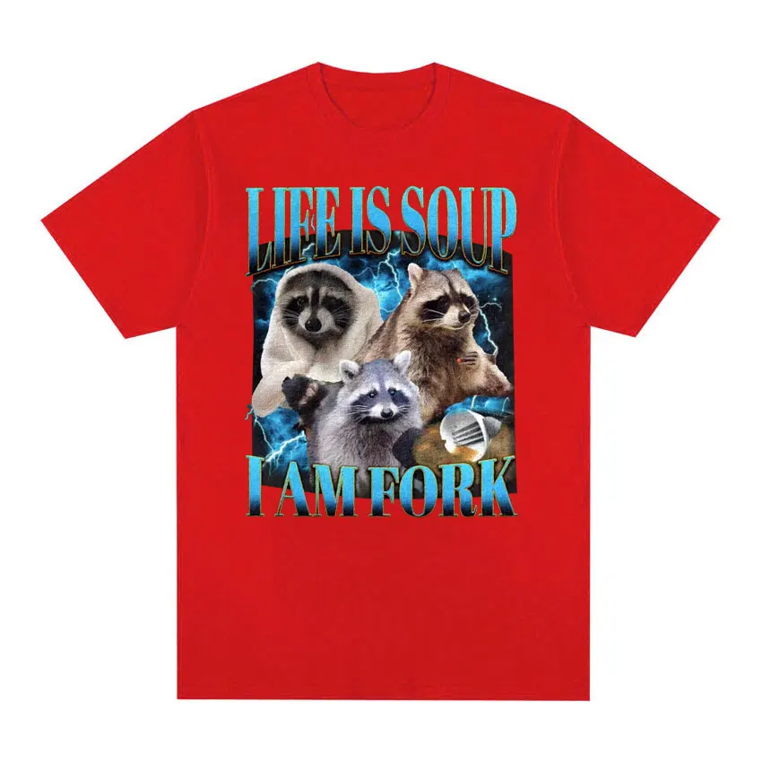 Fun raccoon print T-shirt Life Is Soup I Am Fork Memet Men's casual comic Fashion short-sleeved T-shirt