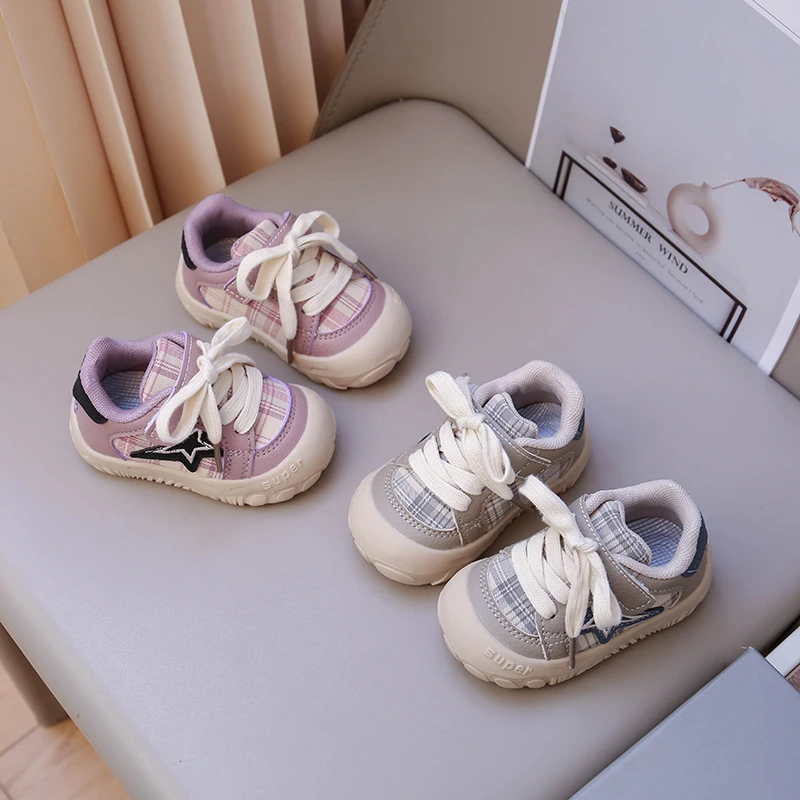 Kids Retro Check Canvas Shoes Five Point Star Decor Light Flexible Rubber Sole Indoor Outdoor Daily Casual Infant Shoes