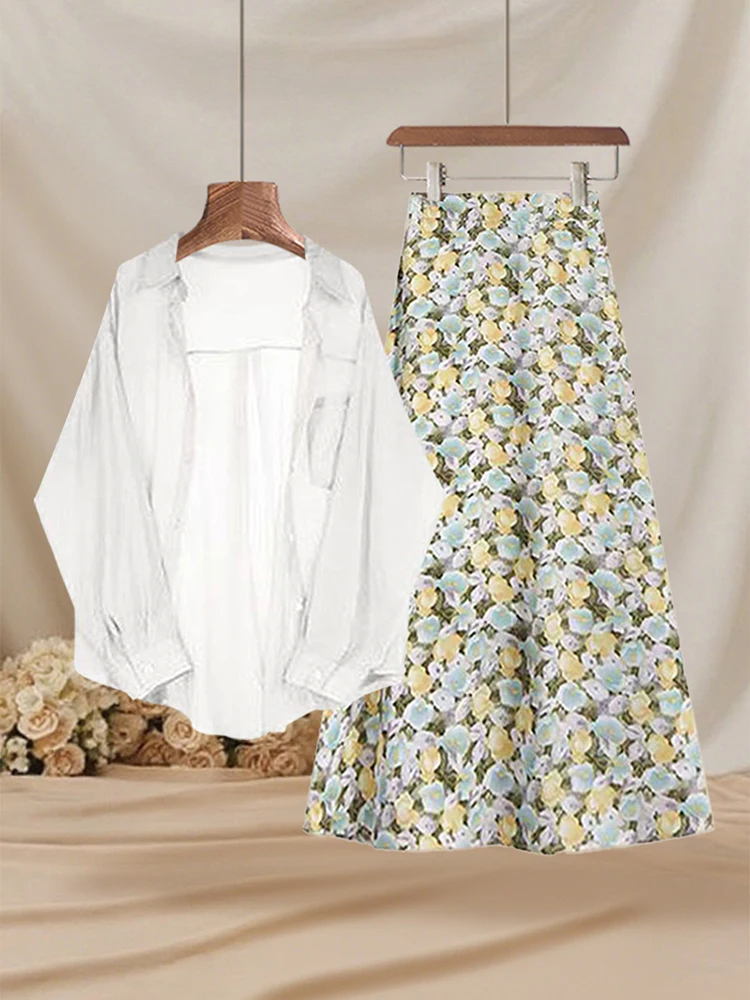 Retro Korean Style Light Weight Sun Protection Shirt Outerwear Summer Floral Halter Neck High Waist Two-Piece Set Women Elegant