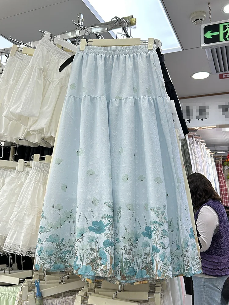 Falda midi acampanada floral holgada ShuFeng, versátil, de cintura alta, para mujer, primavera, verano, otoño