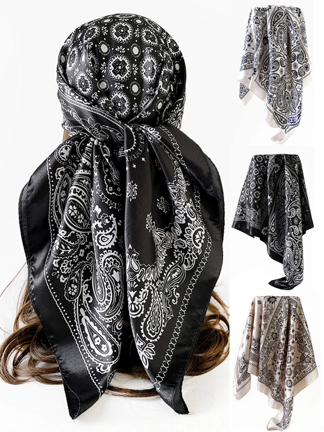 

3 шт. шелковый шарф-likepeony Patterns для женщин90cmsquare шарфновая модная повязка на голову, универсальная праздничная повязка на голову, высококачественный аксессуар