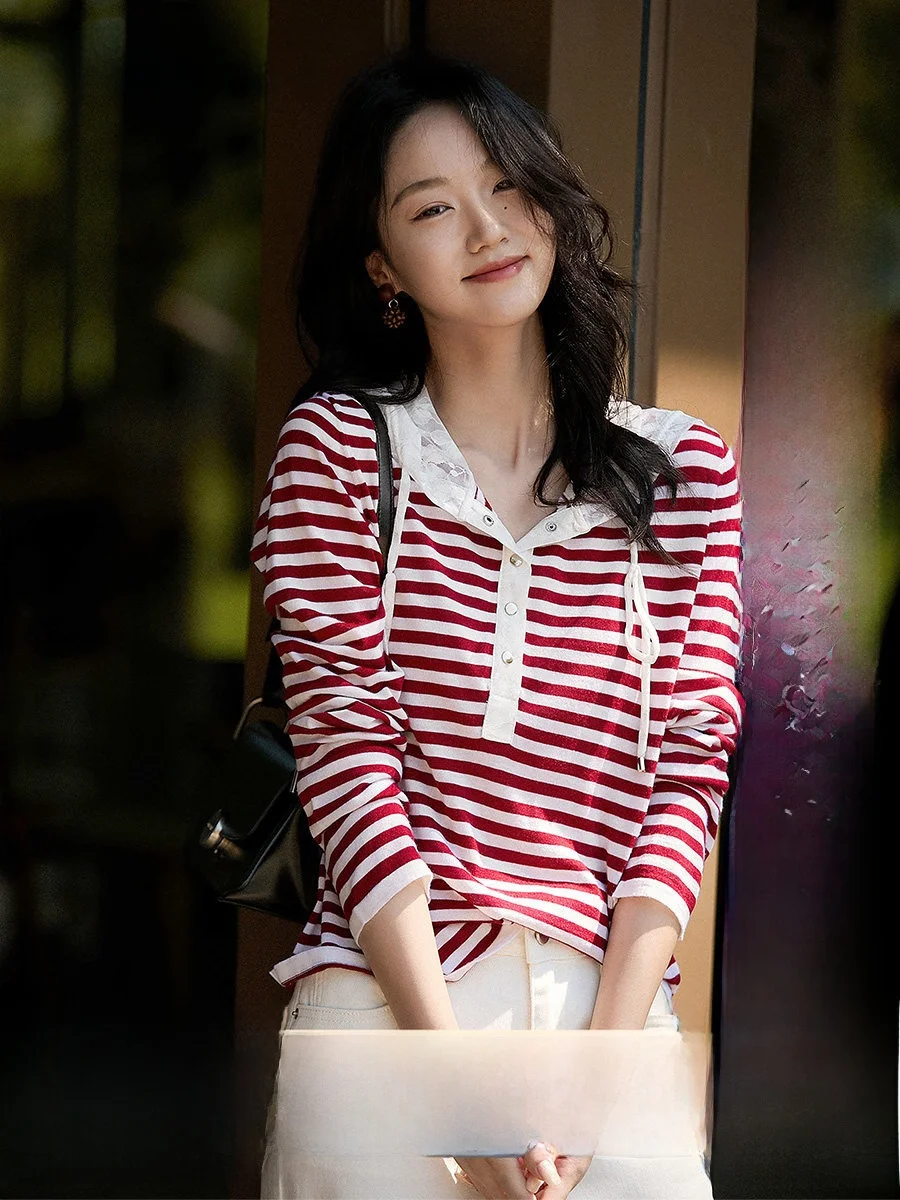 

Ruched Hat Knitted Lace Women's New Spring Long Sleeve Wool Blend Striped Top Comfortable Breathable Casual OL Style