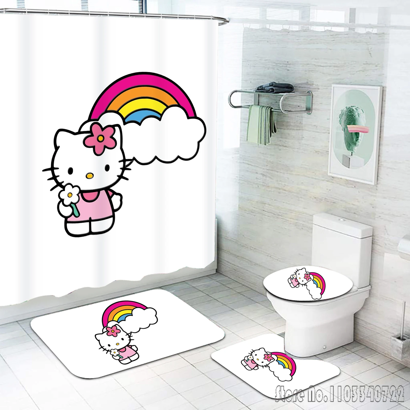 Cute Hello Kitty Anime Bath Shower Curtain Set 4pcs with Hooks Waterproof Bathroom Toilet Mat Lid Decor