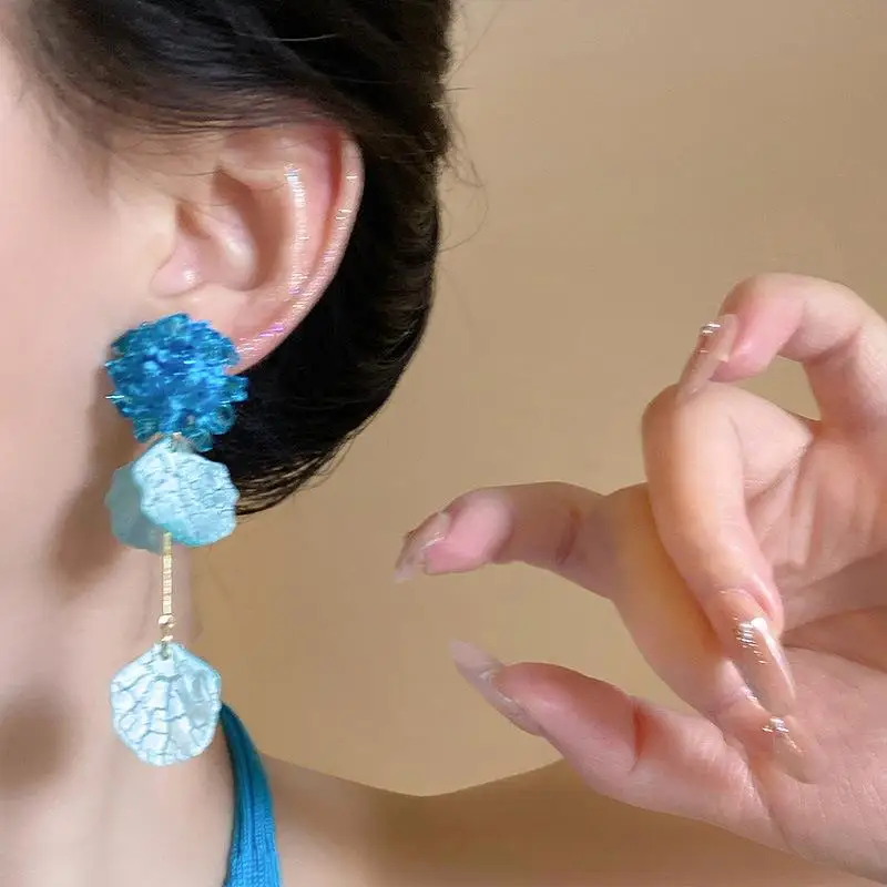 Blue Flower Leaf Dangle Earrings Acrylic Long Drop Earrings For Women Summer Beach Vacation Party Jewelry