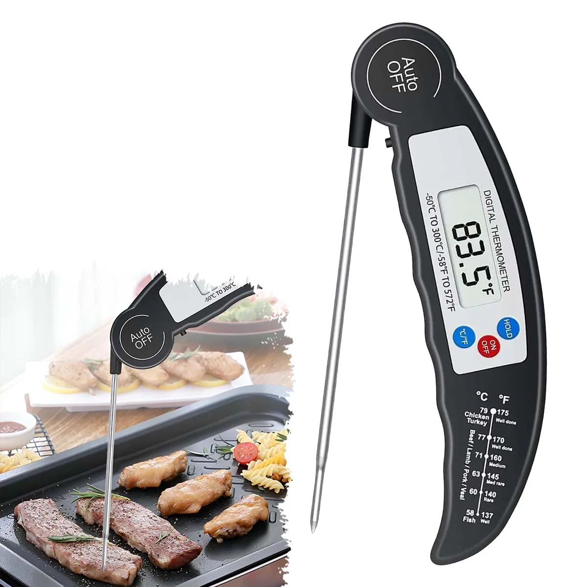 Termômetro de alimentos de cozinha, sonda dobrável, churrasqueira, forno, ferramenta de medição de temperatura, adequado para carne, água, leite, cozinhar