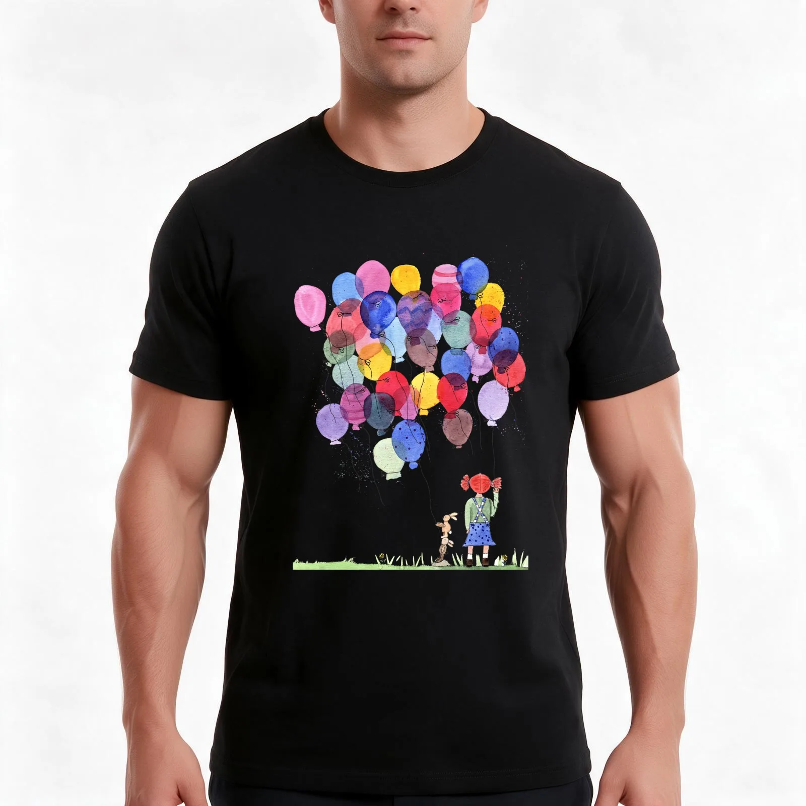 Girl with balloons whimsical watercolor illustration T-Shirt, Summer Casual Cotton Tee, Oversized Streetwear Tops, 100% Cotton