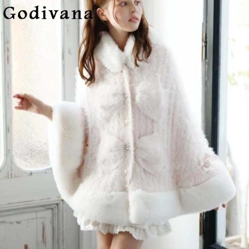 

Japanese Sweet Cute Capes Imitation Rabbit Fur Jacket for Women Bow Plush Shawl Coat Winter