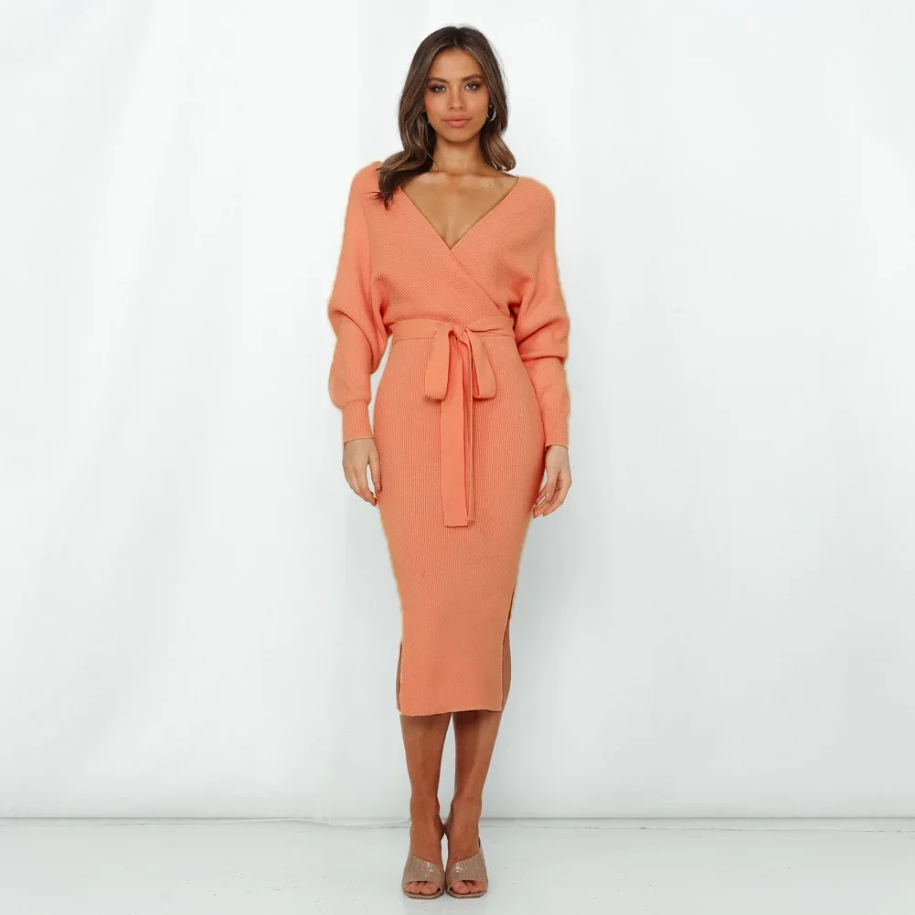CPSYMYM Women's Sexy Deep V Solid Color Strap High Waisted Bat Sleeve Head Autumn And Winter Mid Length Knitted One-step Skirt